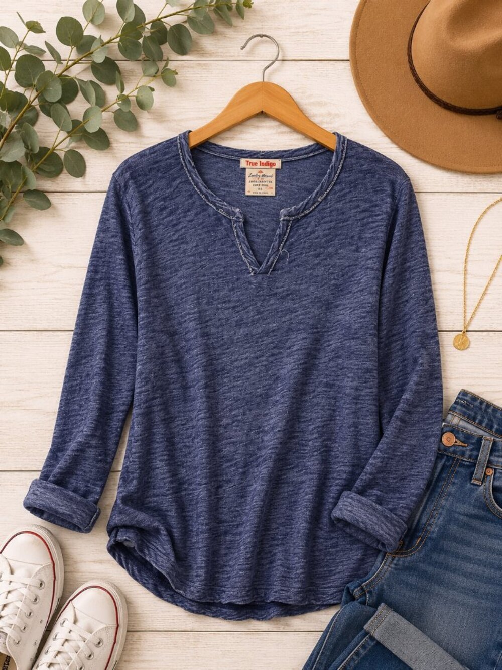 Lucky Brand True Indigo Long Sleeve Tee Small Blue Slub Knit Casual Boho Top - Picture 1 of 5